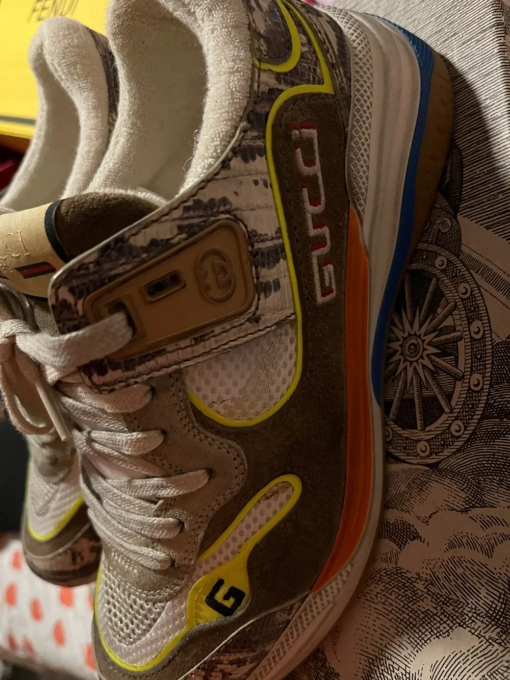 Gucci Beige Suede & Mesh Sneakers with Neon Yellow Accent - Picture 6 of 15
